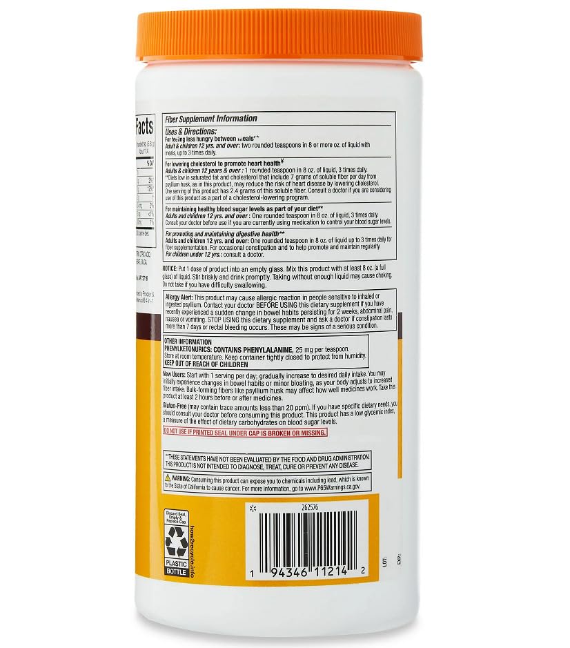 Daily Fiber Psyllium Husk Powder 23.3oz - 114 Teaspoon Doses, Sugar-Free Orange Flavor, Organic Soluble Fiber for Support Health Digestive. (Pack of 1)