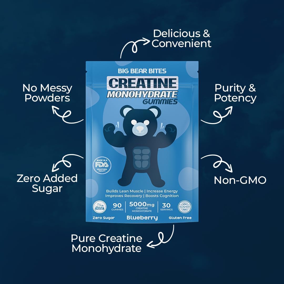 Big Bear Bites Creatine Monohydrate Gummies for Men & Women | 5000mg of Creatine Gummies per Serving | Sugar Free Gummies, Gluten Free & Halal | Pack of 90 Pre Workout Gummies | Blueberry Flavor
