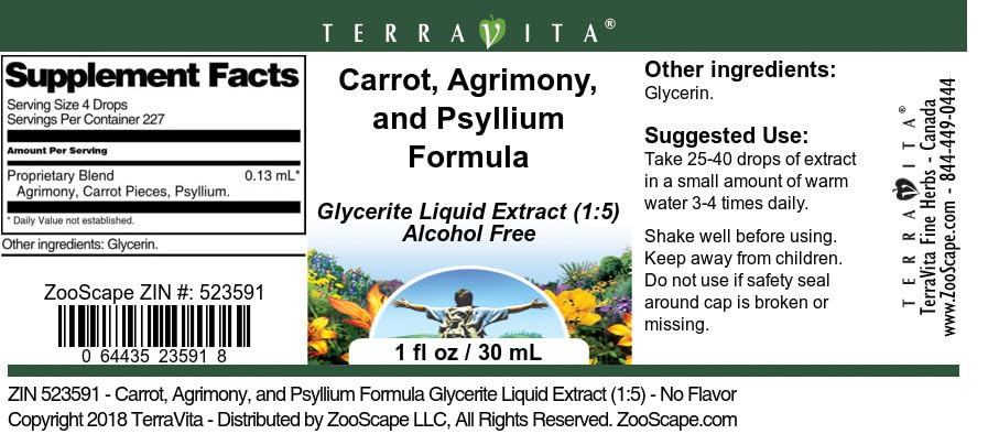 Terravita Carrot, Agrimony, and Psyllium Formula Glycerite Liquid Extract (1:5) - No Flavor (1 oz, ZIN: 523591)