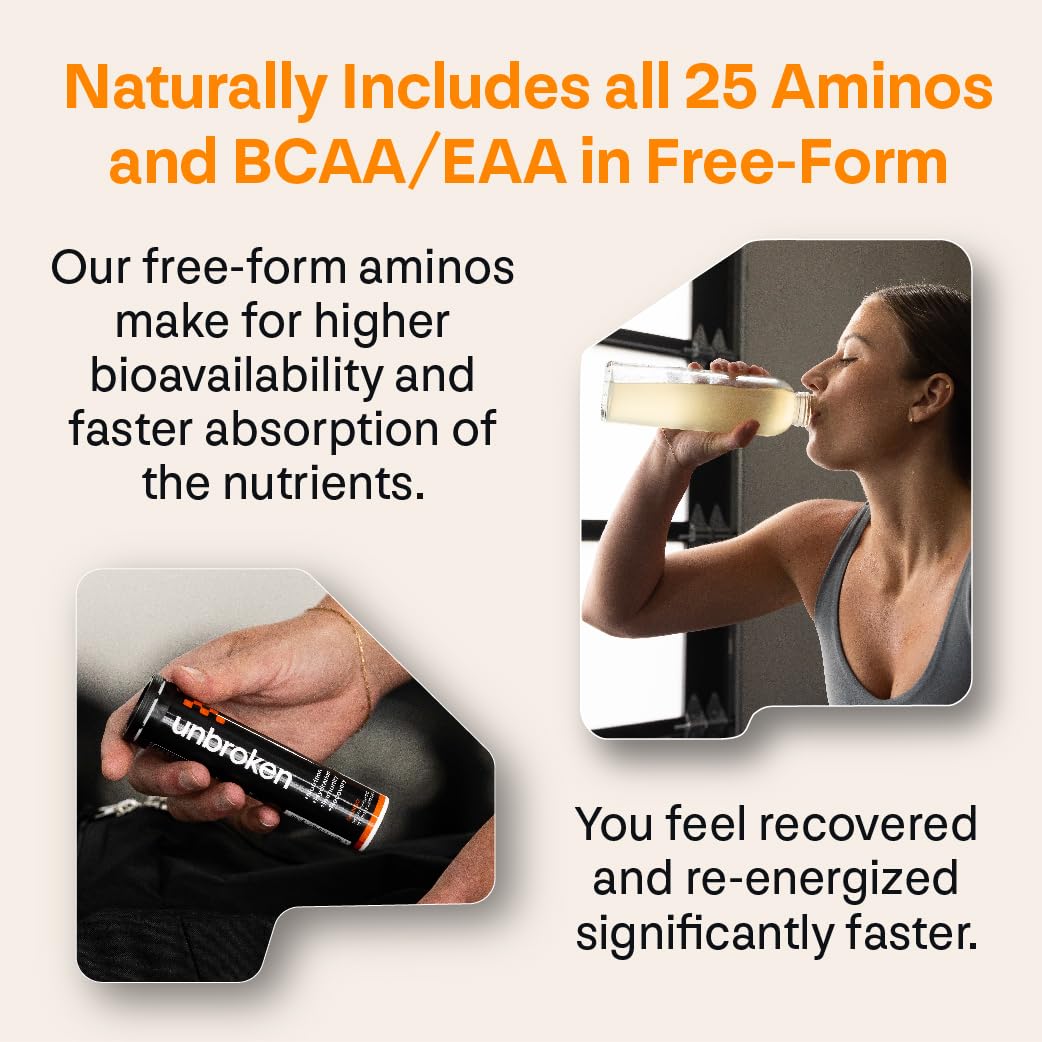 UNBROKEN 9EAA/BCAA Recovery Tablets (60% Free-Form/40% Di- & Tri-Peptides), Amino Acids Supplement for Faster Recovery & Less Muscle Soreness, Post & Pre-Workout for Men & Women,10 Serv. Orange.