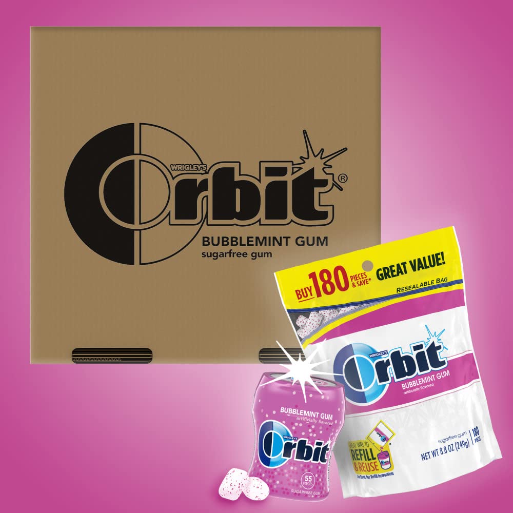ORBIT Bubblemint Sugar Free Chewing Gum Bulk Pack 2 Pack 180 Piece Bag 2 Pack 55 Piece Bottle