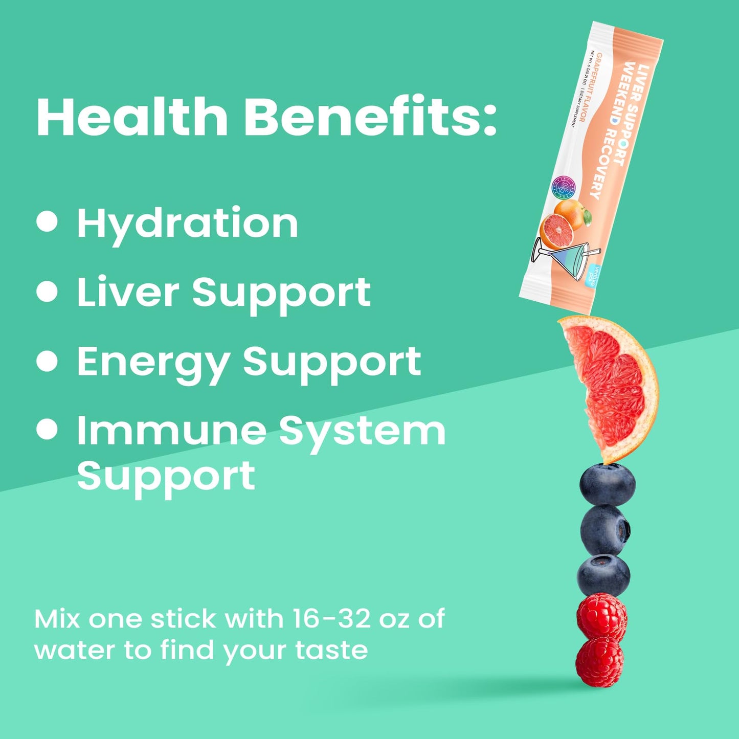 Venture Pal Liver Support Electrolyte Powder, L-Theanine + 5 Vitamins & 7 Electrolytes, Rapid Rehydration, Grapefruit, 12 Sticks