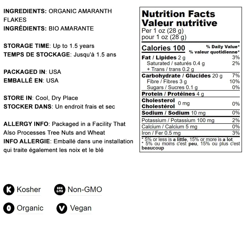 Food to Live Organic Amaranth Flakes 1 Pound NonGMO Pressed Amaranth Seeds Vegan Kosher Bulk High in Dietary Fiber Protein Selenium Great for Cooking Baking Oatmeal Cereals Yogurts