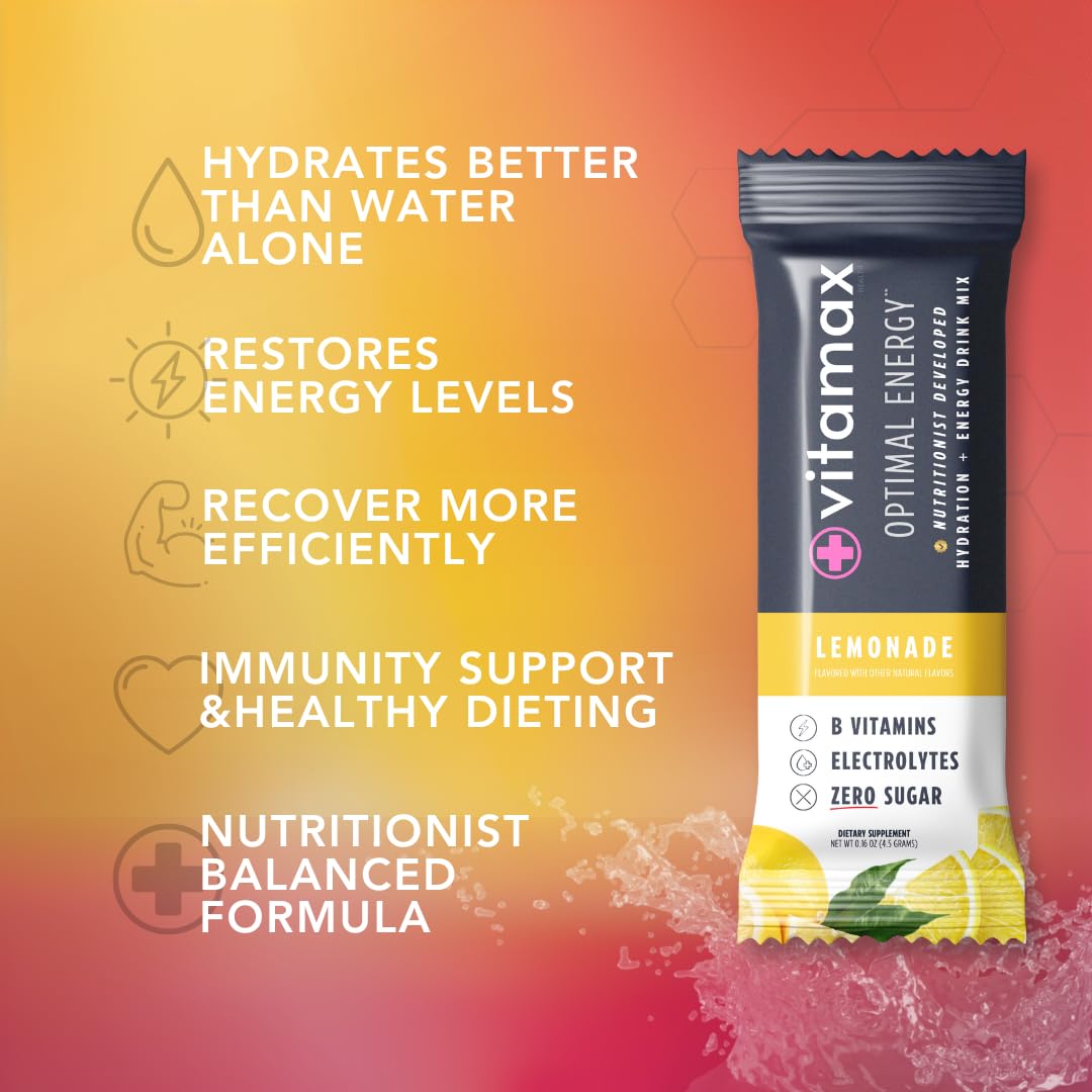 Vitamax Health Optimal Energy - Lemonade - Sugar Free Hydration Recovery Powder Stick Packs | B Vitamin Complex Electrolyte Drink Mix | Easy Open Single-Serving | Non-GMO | 30 Servings