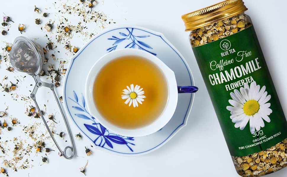 BLUE TEA Chamomile Tea 21 Oz Pack of 2 DETOX AND CALMING Herbal Tea Caffeine Free Flower Based Vegan NonBitter NonGMO Natural Ingredients EcoConscious Pet Jar Pack