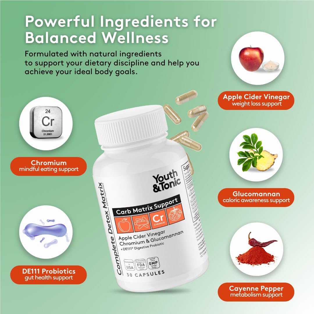 Youth & Tonic Balanced Detox Pills as Complete Gut Cleanse & Carb Matrix Support with ACV, Glucomannan, Chromium for Body Detoxing & Digestive Health, Supplement for Men & Women, Third-Party Tested