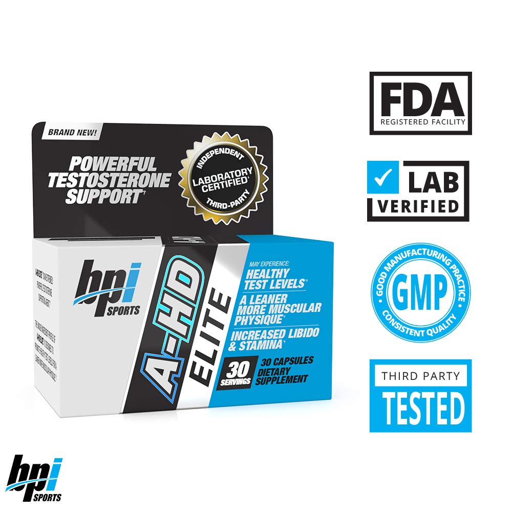 BPI Sports A-HD Elite - Men’s Powerful Testosterone Booster - Natural Stamina, Strength, Sexual Support - Increases Metabolism - Fat Burning - Strength - Muscle - 30 Servings - 500mg