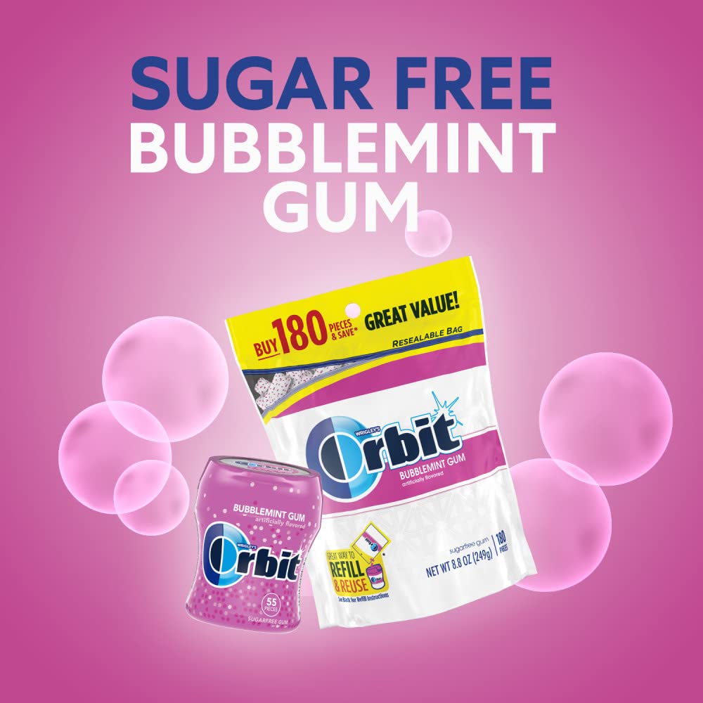 ORBIT Bubblemint Sugar Free Chewing Gum Bulk Pack 2 Pack 180 Piece Bag 2 Pack 55 Piece Bottle