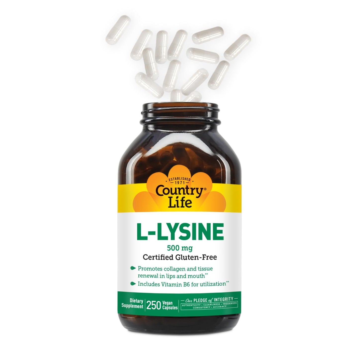 Country Life L-Lysine 500mg with B-6, Supports Immune Health, Promotes Collagen Renewal in Lips and Mouth, 250 Vegan Capsules, Certified Gluten Free, Certified Vegan