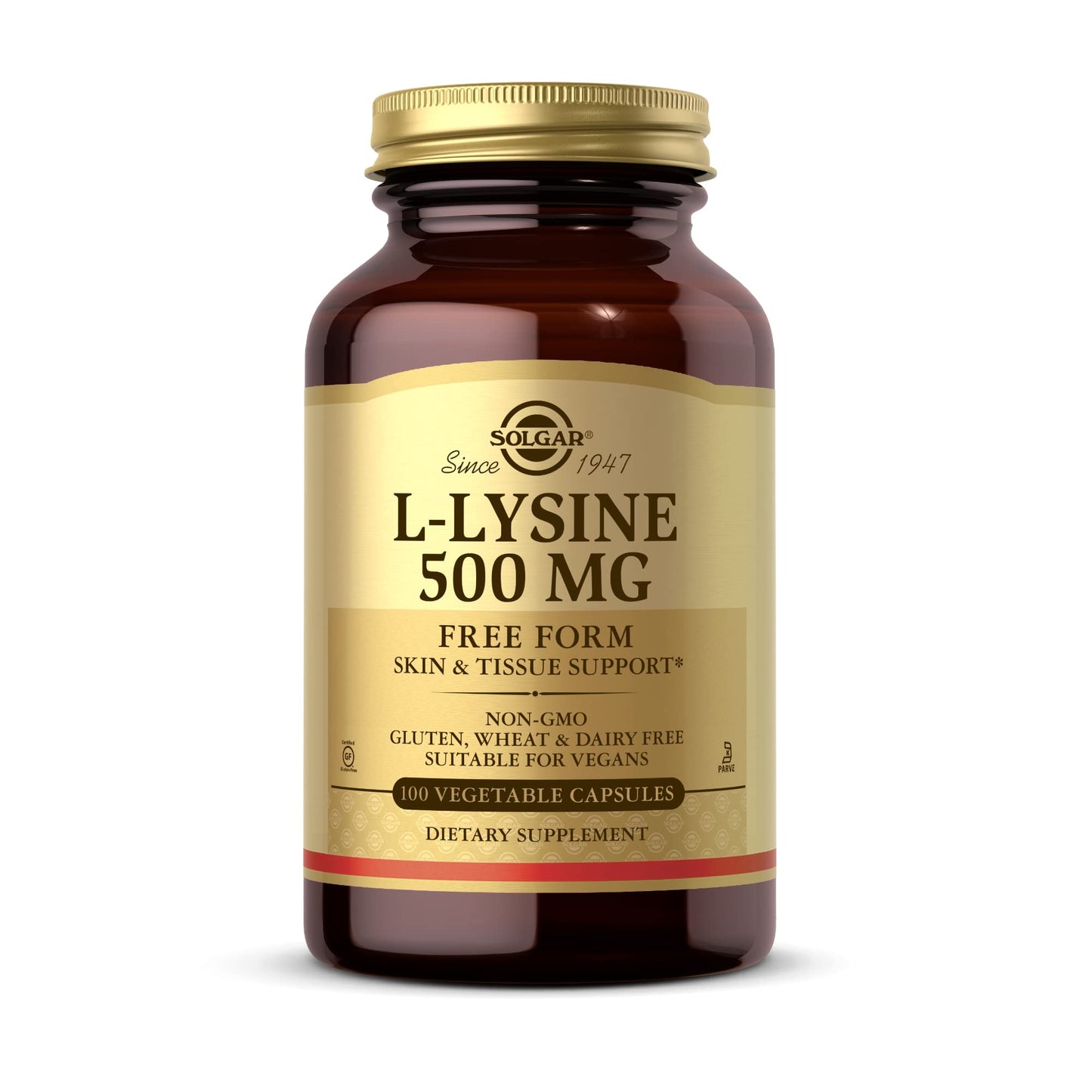 SOLGAR L-Lysine 500 mg - 100 Vegetable Capsules - Skin & Tissue Support - Non-GMO, Vegan, Kosher, Gluten Free - 100 Servings
