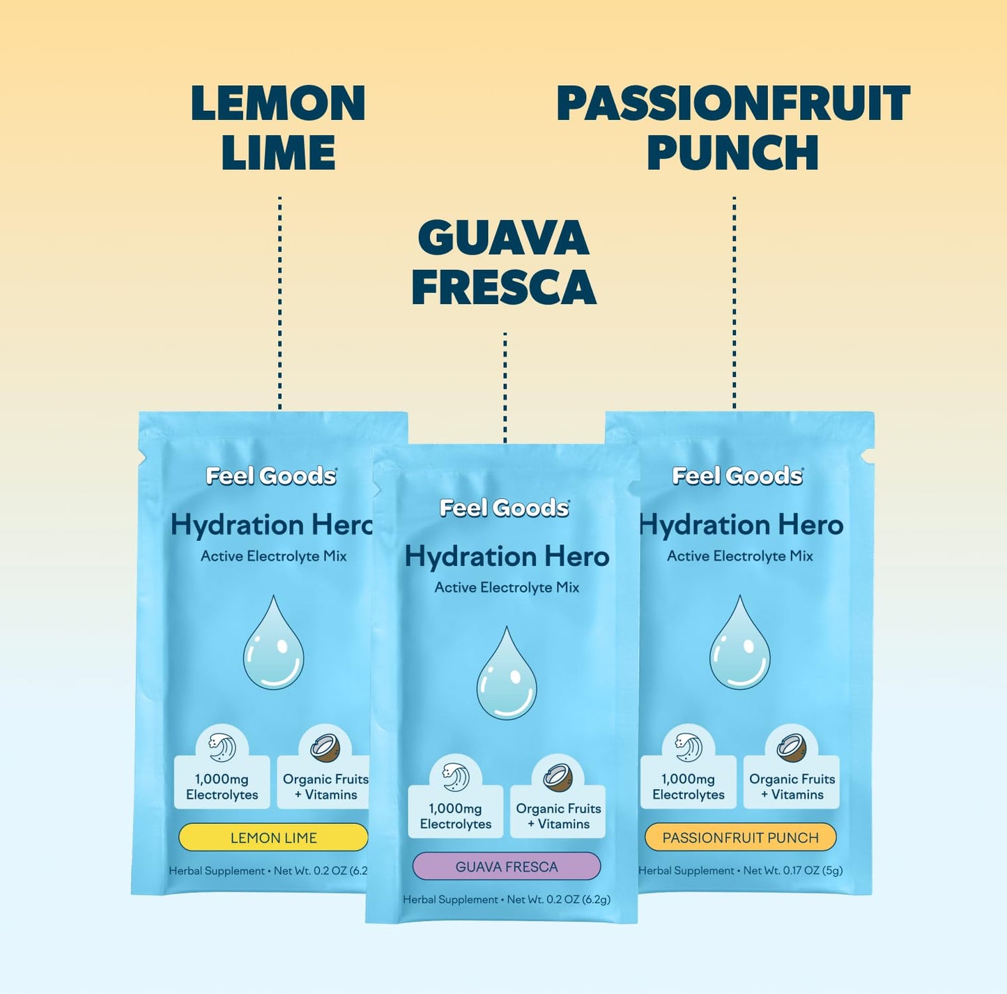Feel Goods Hydration Hero, 1,000mg Electrolytes Powder, Sugar Free, Magnesium, Organic Aloe Vera, L Theanine, Vitamin C, Vegan, Non GMO, On The Go Electrolyte Packets, Variety Pack, 24 Count