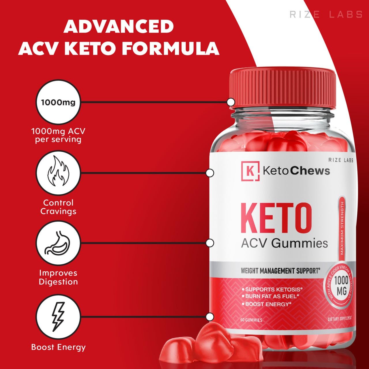 rize labs - Keto Chews ACV Gummies for Advanced Weight Loss, 525 mg, Premium Keto+ACV Supplement, All Natural Apple Cider Vinegar (300 Gummies)
