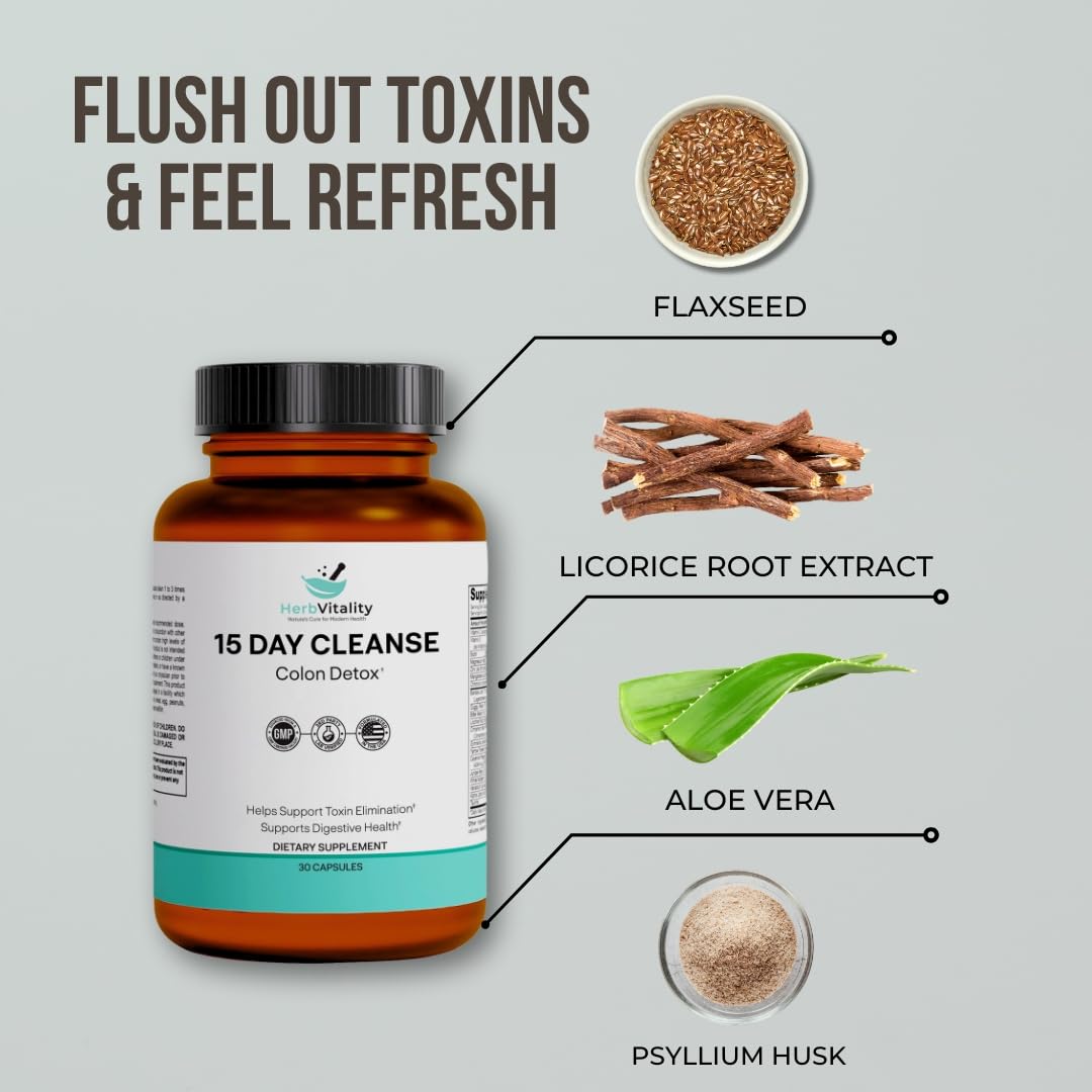 Herb Vitality 15-Day Colon Cleanse for Gut Health - Probiotics for Men & Women, Candida Cleanse, Aloe Vera, Licorice Root, Psyllium Husk - Supports Digestive & Immune Health, Detox & Kidney Cleanse