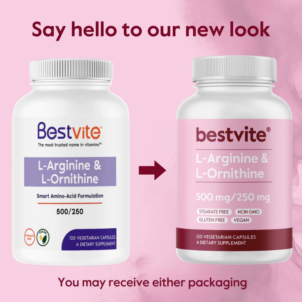 BESTVITE L-Arginine L-Ornithine 500-250 (120 Vegetarian Capsules) - No Stearates - No Fillers - Vegan - Non GMO - Gluten Free - No Calcium Silicate