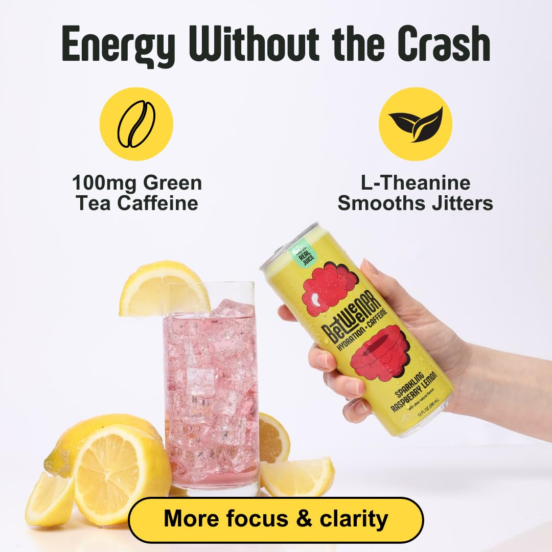 Betweener Sparkling Energy Sparkling Water wReal Juice 100mg Caffeine Light Refreshing LTheanine for Focus Vitamins BC Low Sugar 45 Cals Variety Pack 12 Pack