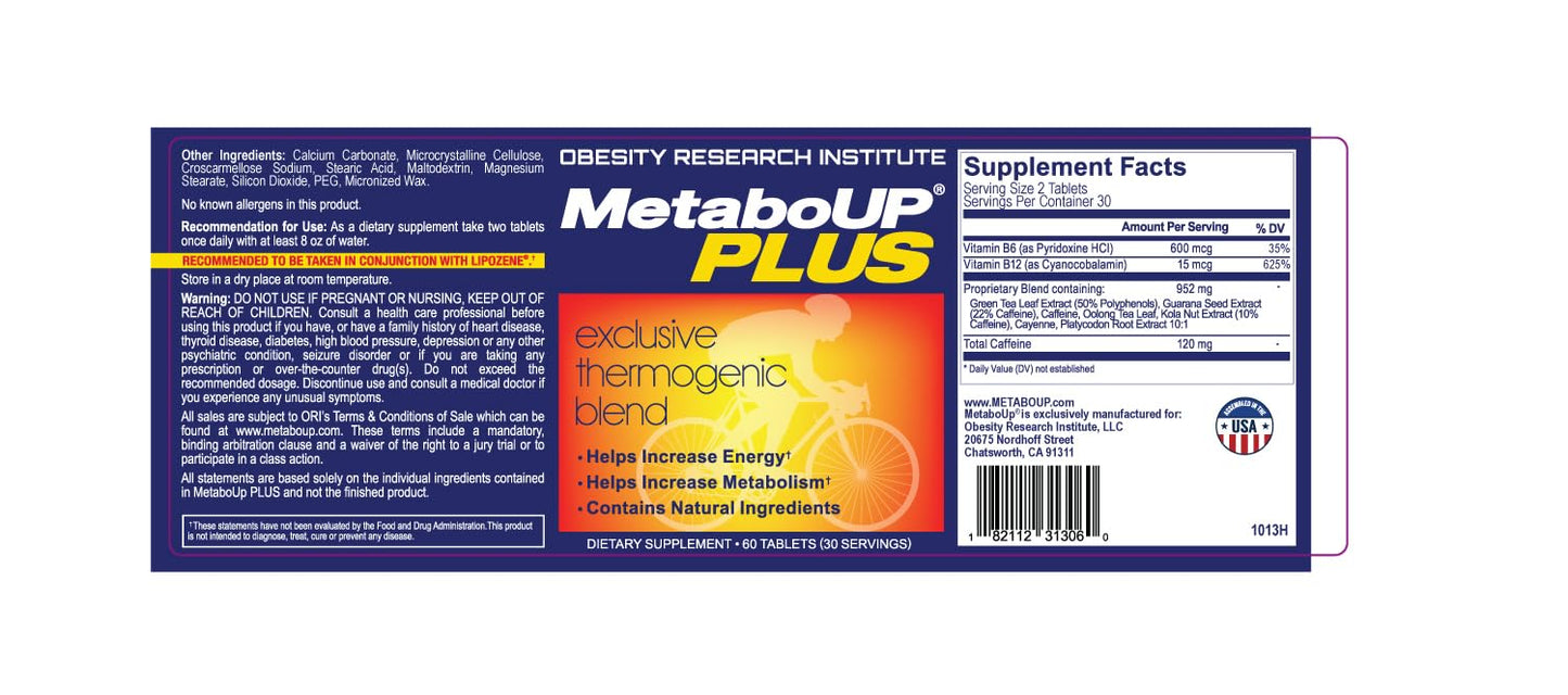 Lipozene MetaboUP Plus - 2 60 Ct Bottles - Thermogenic Weight Loss - Energy Booster Pills
