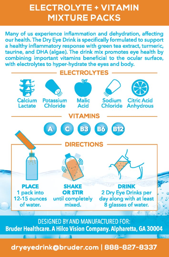 The Dry Eye Drink l Ultimate Hydration for Dry Eyes l Sugar-Free Electrolyte Powder Packets l Blended with Vitamins, Green Tea, Turmeric, Taurine, and DHA l 5g x 20 Packets (Orange)