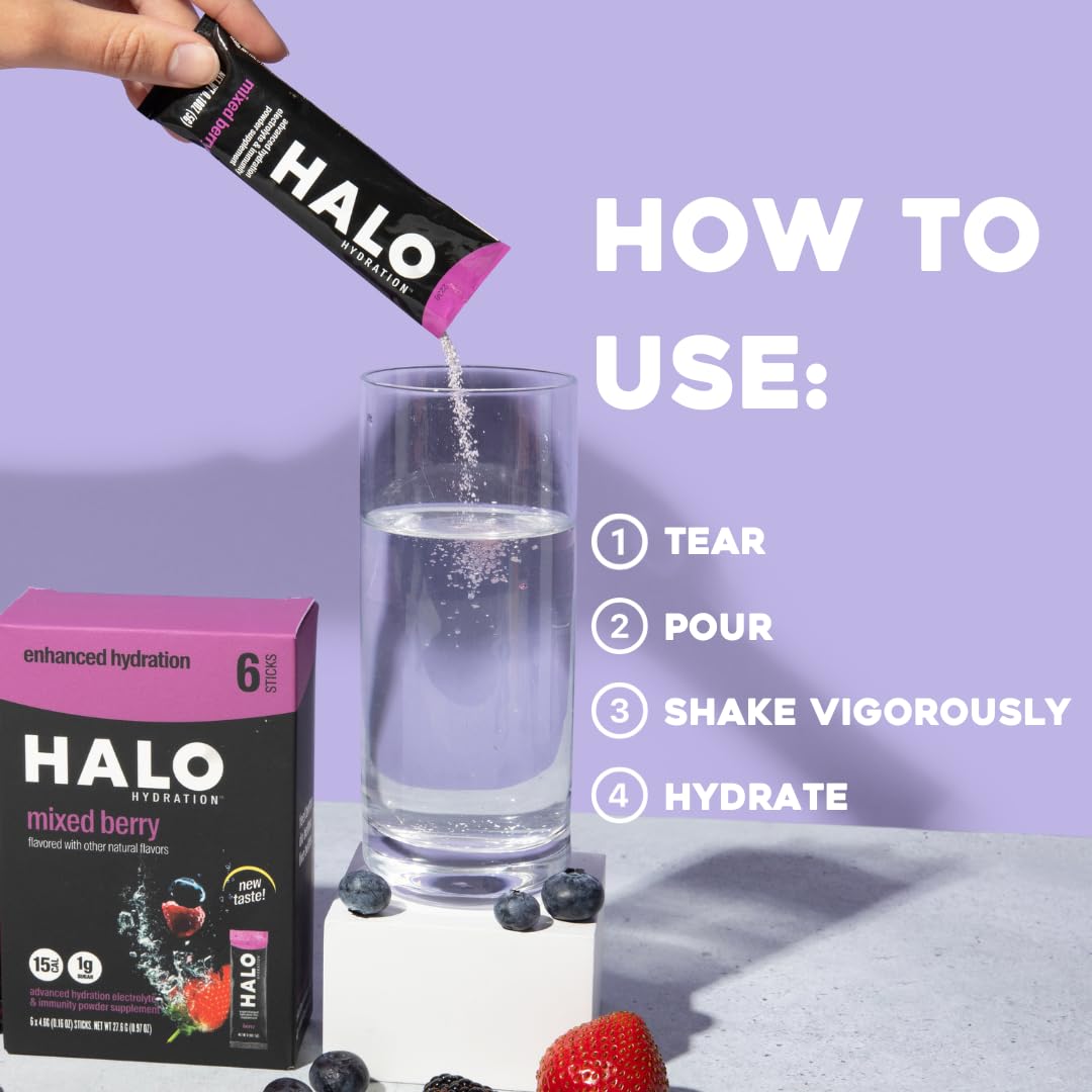 HALO Hydration - Electrolyte Drink Mix | Hydration Powder Packets | Berry Flavor - For Sports and Cycling | Easy Open Single Serving Stick | 6 Sticks