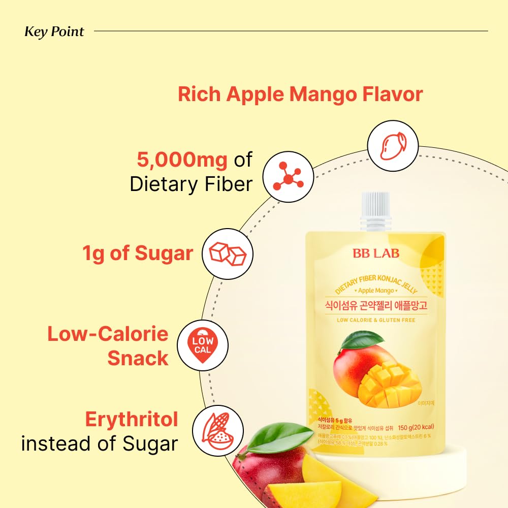 BB LAB Dietary Fiber Konjac Jelly, Apple Mango (10 Packs/52.9 oz) - 5g Fiber, Low-Calorie, Low Sugar (1g), Healthy Korean Snack, Vegan, Gluten-Free, Fiber-Rich Jelly Drink