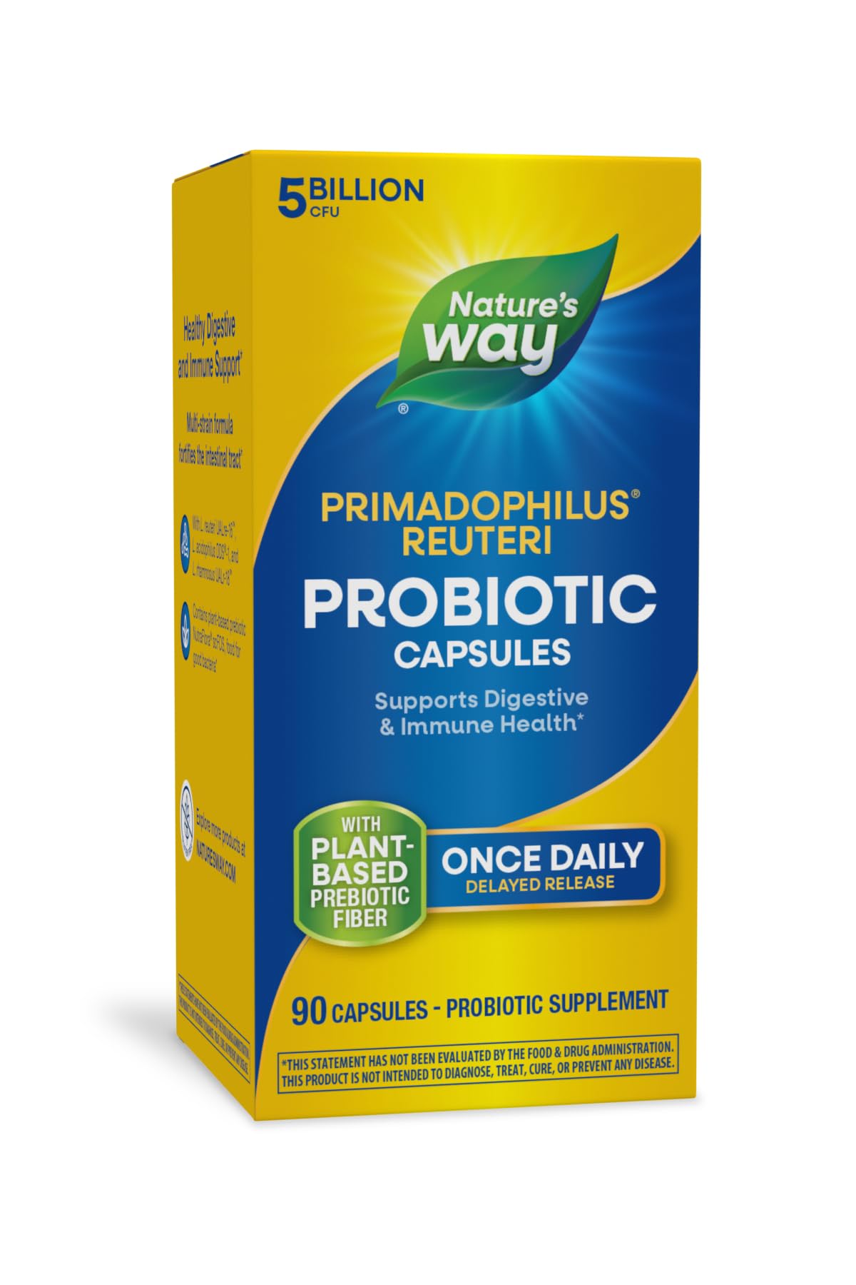 Nature's Way Primadophilus Reuteri Probiotic, Supports Digestive & Immune Health*, 5 Billion Live Cultures, 90 Capsules (Packaging May Vary)