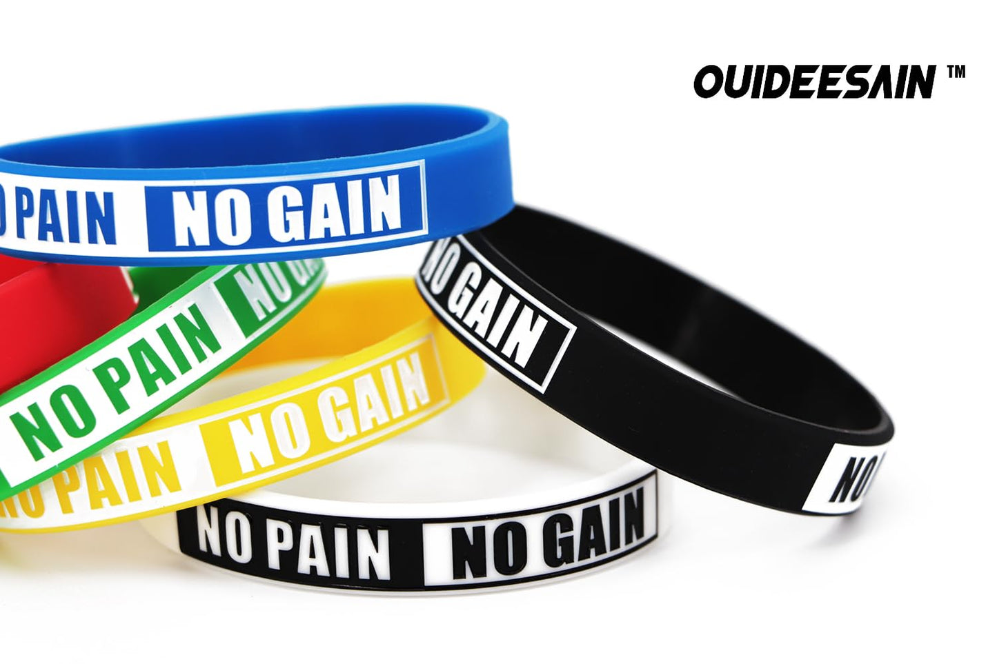Ouideesain No Pain No Gain Wristbands Motivational Bulk Inspirational Silicone Fitness Bracelets Stretch Unisex Sport Wristbands for Teens Men Women Pack of 12