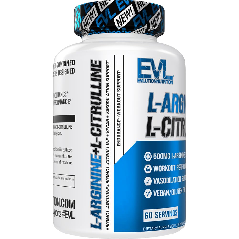 Evlution Nutrition L-Arginine + L-Citrulline - Endurance + Workout Performance Supplement - 1000mg Complex - Vasodilation + Nitric Oxide Support - Vegan + Gluten Free Capsules - 60 Servings