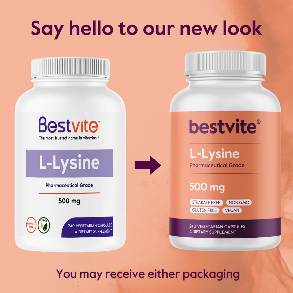 BESTVITE L-Lysine 500mg per Capsule (240 Vegetarian Capsules) - No Stearates - No Fillers - No Flow Agents - Vegan - Non GMO - Gluten Free - No Stearic Acid - No Dicalcium Phosphate