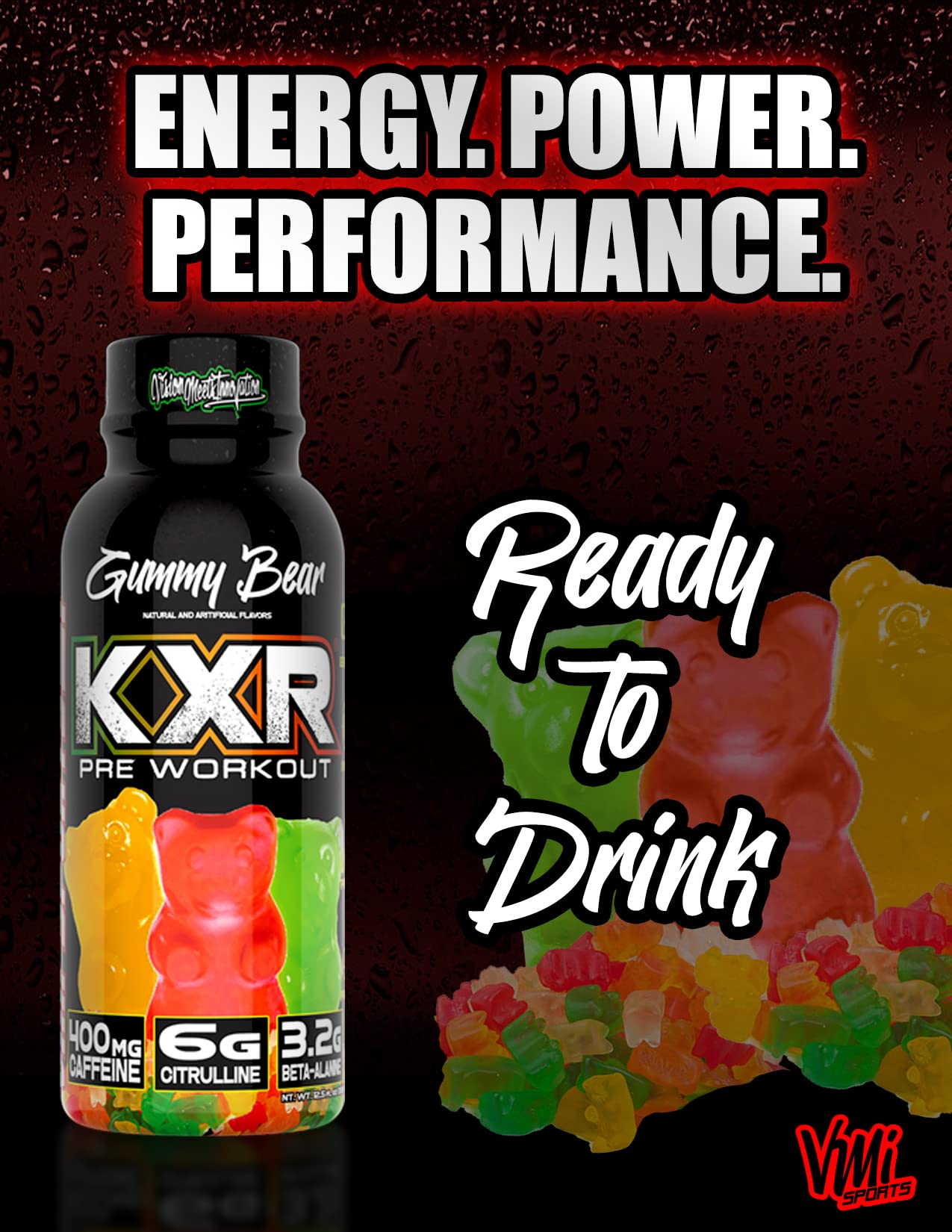 VMI Sports KXR High Stimulant Pre-Workout Energy Ready to Drink 400mg Caffeine, 6g Citrulline, 3.2g Beta-Alanine | Delicious - Convenient - Powerful | 12.5 oz Bottles (Gummy Bear, 12 Bottles)