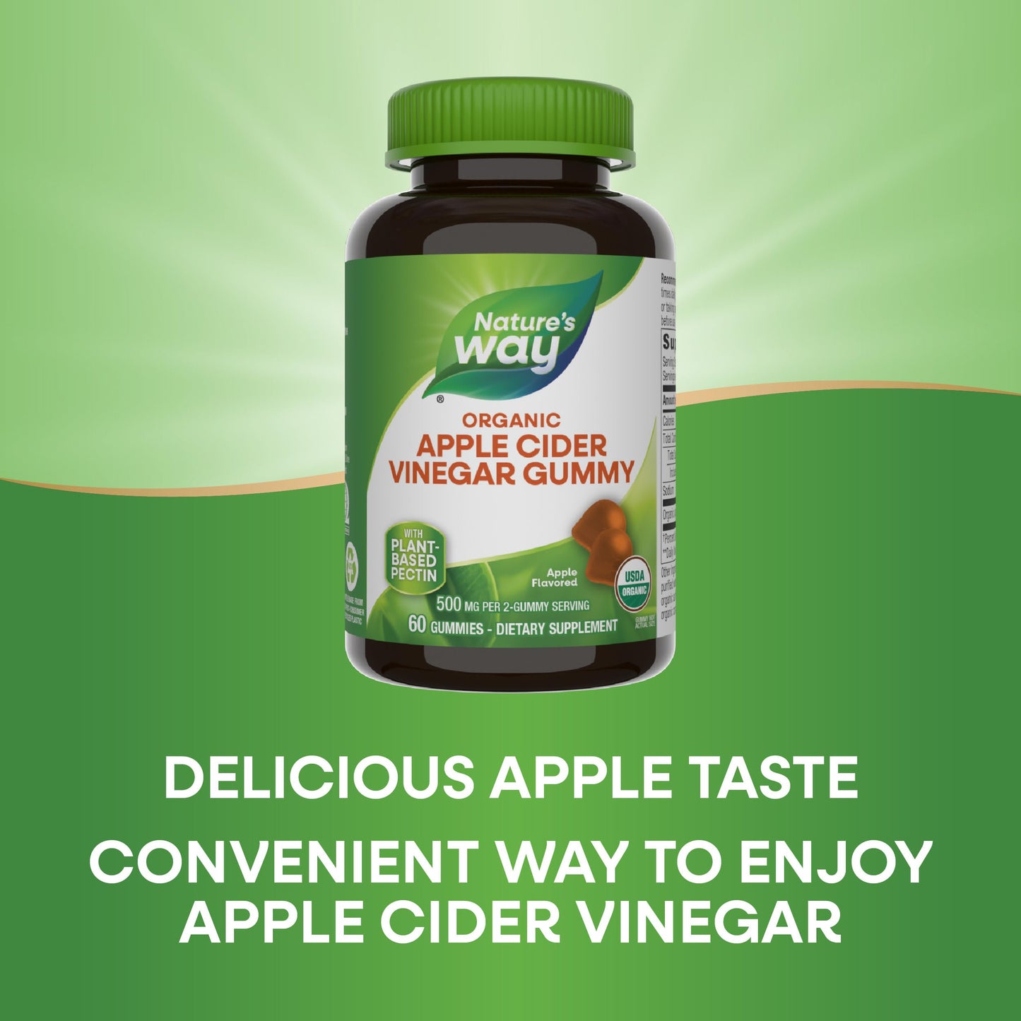 Nature’s Way Organic Apple Cider Vinegar Gummies, 500 mg Organic Apple Cider Vinegar per 2-Gummy Serving, Apple Flavored, 60 Gummies (Packaging May Vary)
