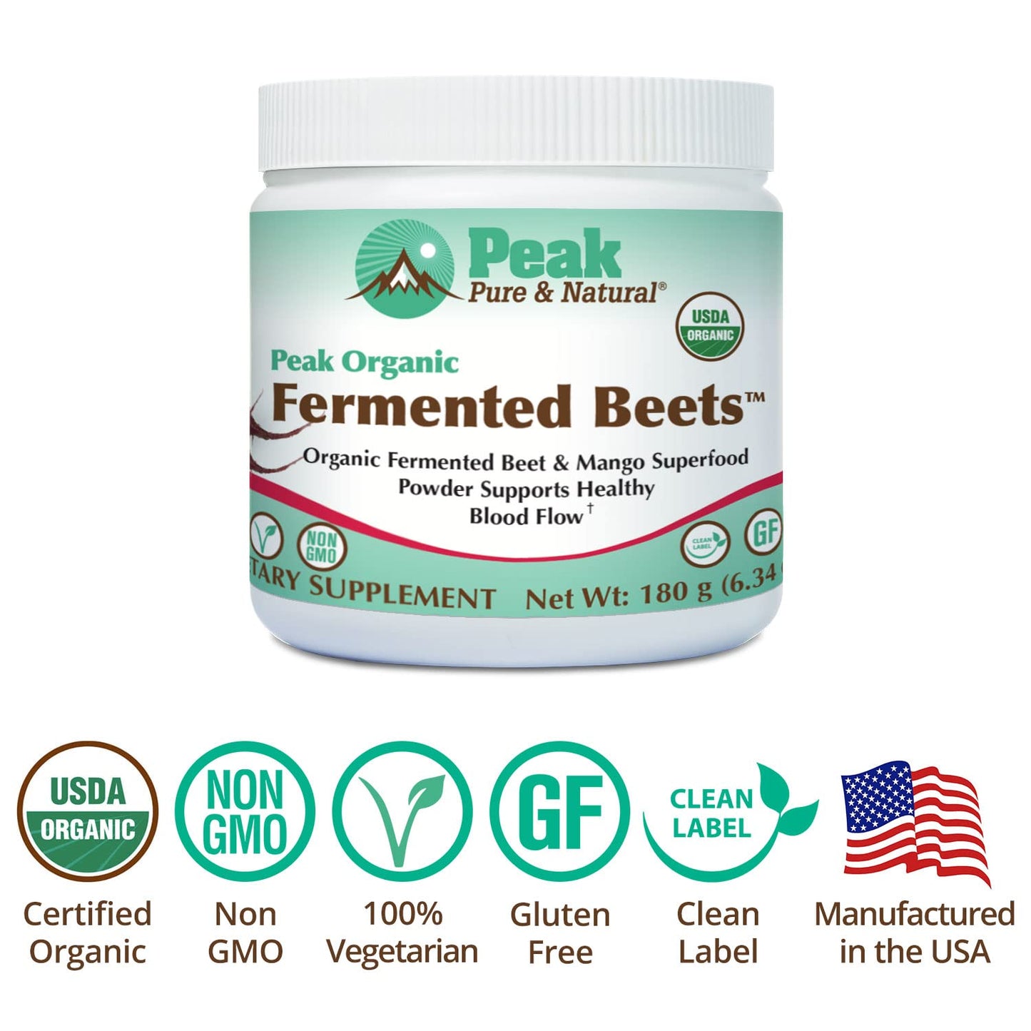 Peak Pure & Natural Peak Organic Fermented Beets - Organic Fermented Beet Powder Superfood Drink Powder - Nitric Oxide Supplement Support for Normal Blood Pressure