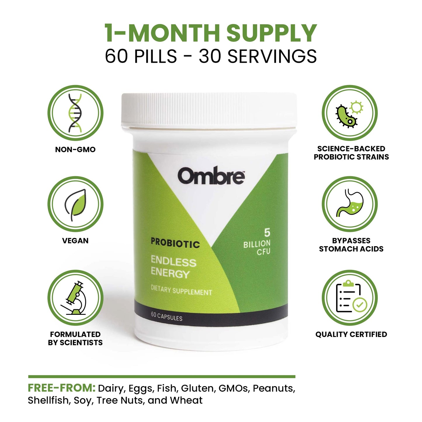 Ombre Endless Energy Probiotic Supplement, Supports Natural Energy Production, Memory, Focus & Gut Health, 12 Billion CFU, Shelf-Stable, 30 Servings
