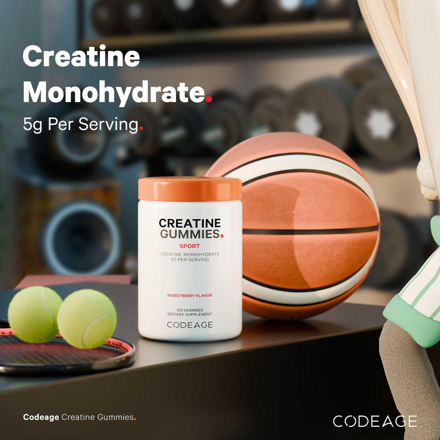 Codeage Creatine Monohydrate Gummies Supplement - 5000mg Creatine - AstraGin Panax & Astralagus - Sport Creatine Gummy - Mixed Berry Flavor - Kettlebell Shape Vitamins - Vegan - Non-GMO - 120 Gummies