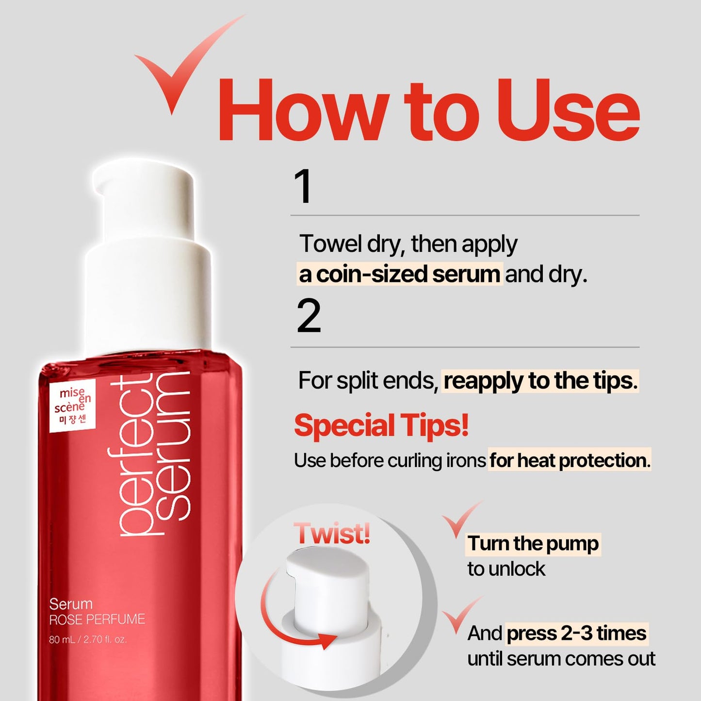 Mise En Scene Perfect Rose Perfume Serum - Korean Hair Essence with Rose Scent, Argan Oil for Damaged Hair Care, 2.70 fl. Oz
