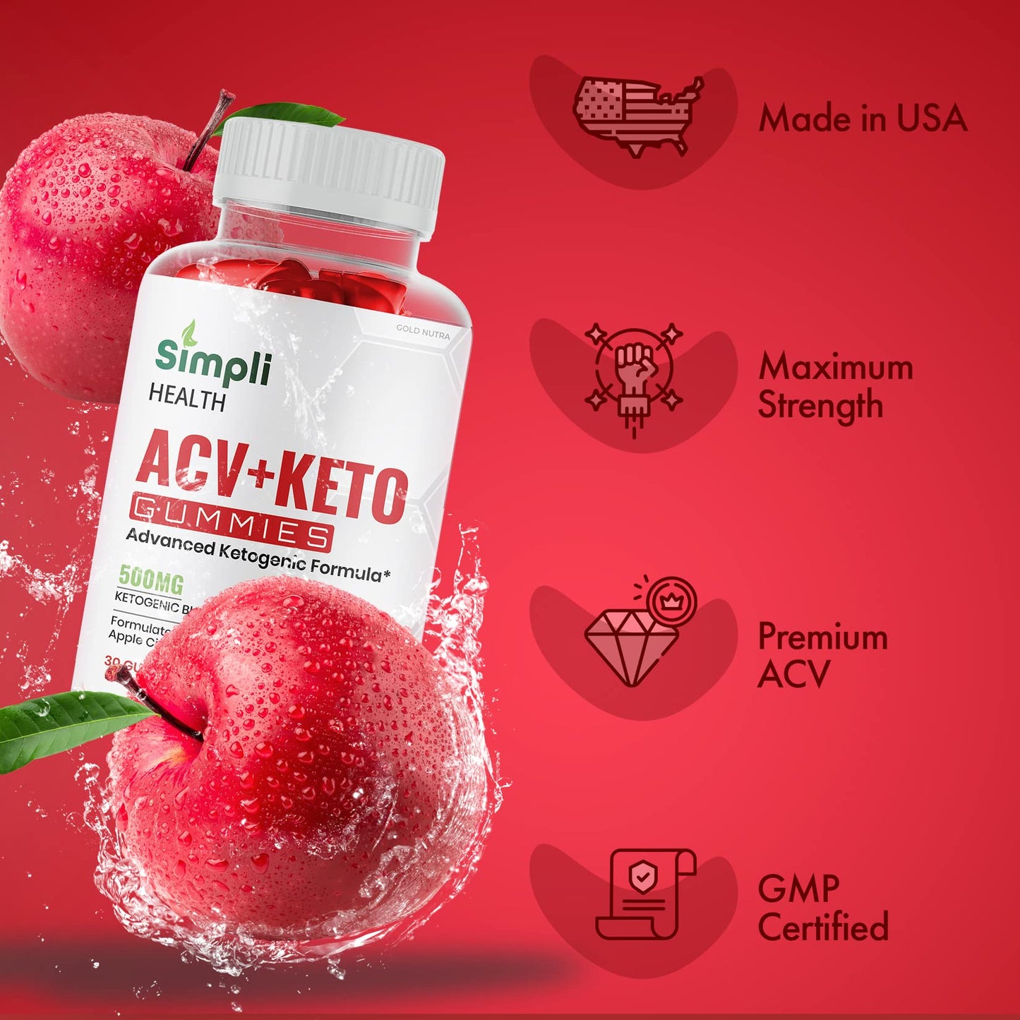 Gold Nutra (3 Pack) Simpli Health ACV Keto Gummies, Maximum Strength