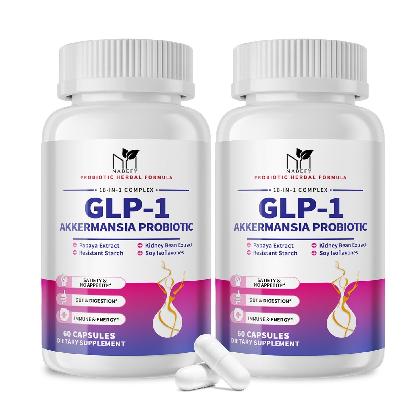 MABEFY 2 Pack Akkermansia Probiotic Supplement for Women & Men, Natural Prebiotics for Digestive, Gut Health, Energy, Overall Health, Digestive Supplement with Soy lsoflavones, Bromelain, 60 Capsules