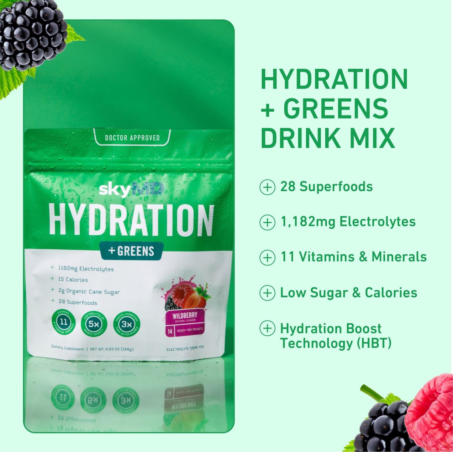SkyMD Hydration + Greens Powder Packets with Electrolytes | Hydration Multiplier, 28 Superfoods, Supports Gut Health & Energy, Low Sugar & Calories | Mix in Water | 14 Single-Serving Sticks, Wildberry