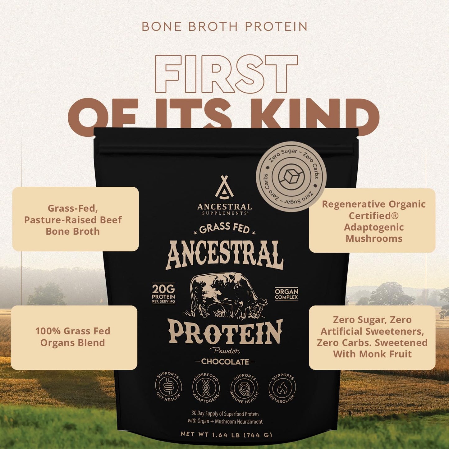 Ancestral Supplements Grass Fed Protein Powder, Chocolate, Beef Bone Broth Based w/Beef Organs & Organic Mushrooms, Gut Health Support, High Protein Supplement, 20g Protein Per Serving, 30 Day Supply