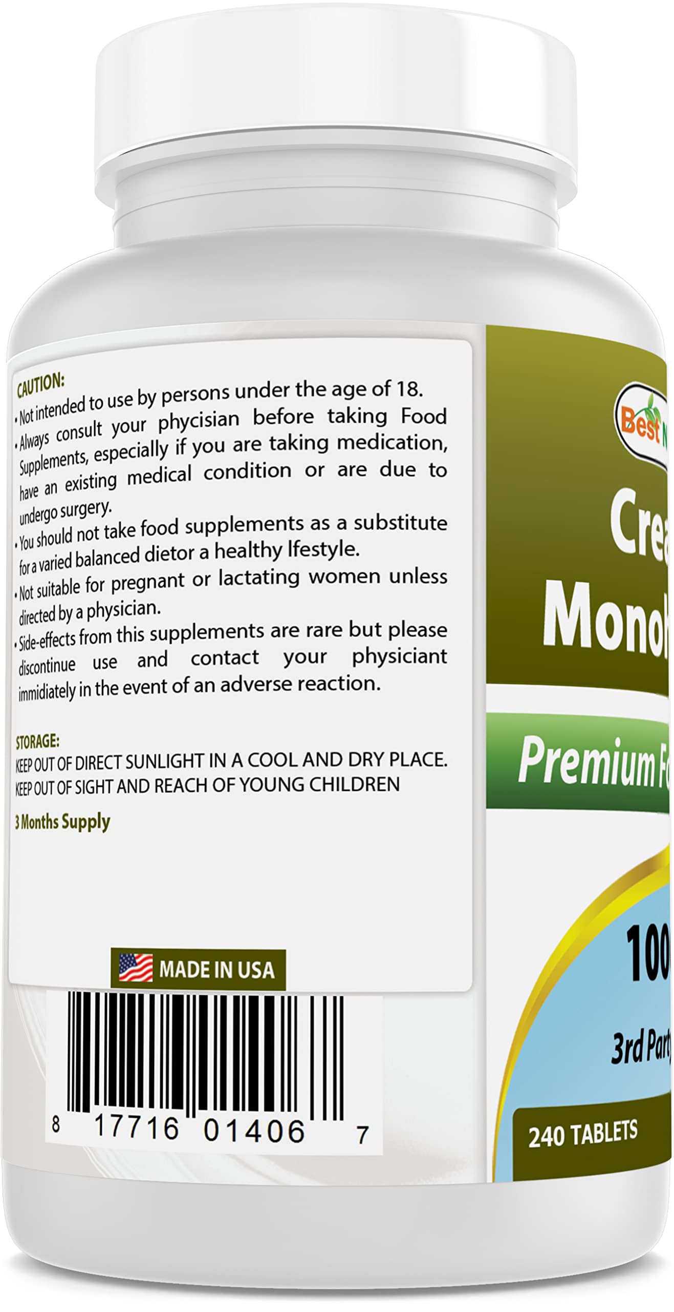 Best Naturals Creatine Monohydrate 1000 mg 240 Tablets