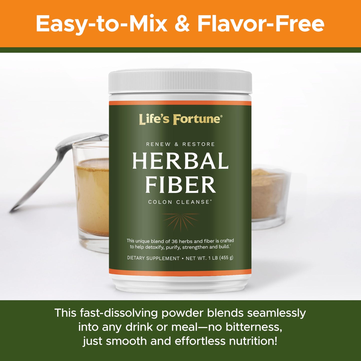 Life's Fortune Organic 100% Natural Herbal Fiber Unflavored Powder Gut Health Drink Supplement with Apple Fiber, Non-GMO, Soy & Gluten-Free, 455g (50 Servings)