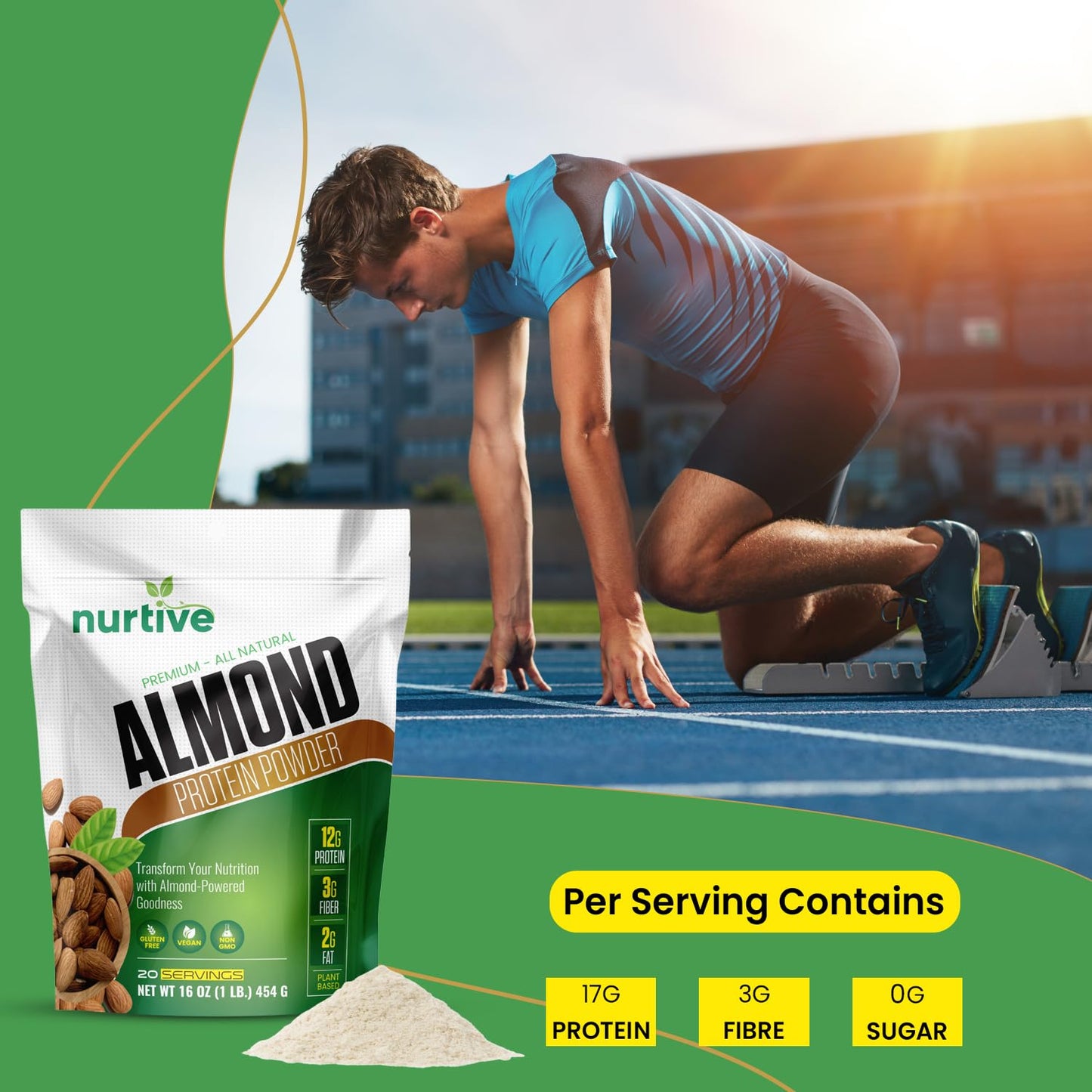 NURTIVE Almond Protein Powder - Rich in Antioxidants & Plant-Based - Nutritional Boost for Smoothies & Baking - Gluten Free, Non-GMO & Free from Artificial Additives - 20 Servings (16 oz / 454 g)