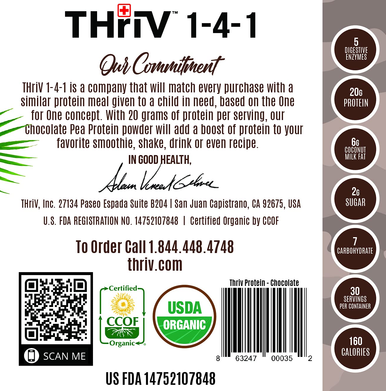 THriV Nutrition - Organic Plant Based Protein Powder, Chocolate or Vanilla, Vegan, Gluten-Free, Non-GMO, Dairy Free, (2.5lb/1,140g) Powder (Chocolate)