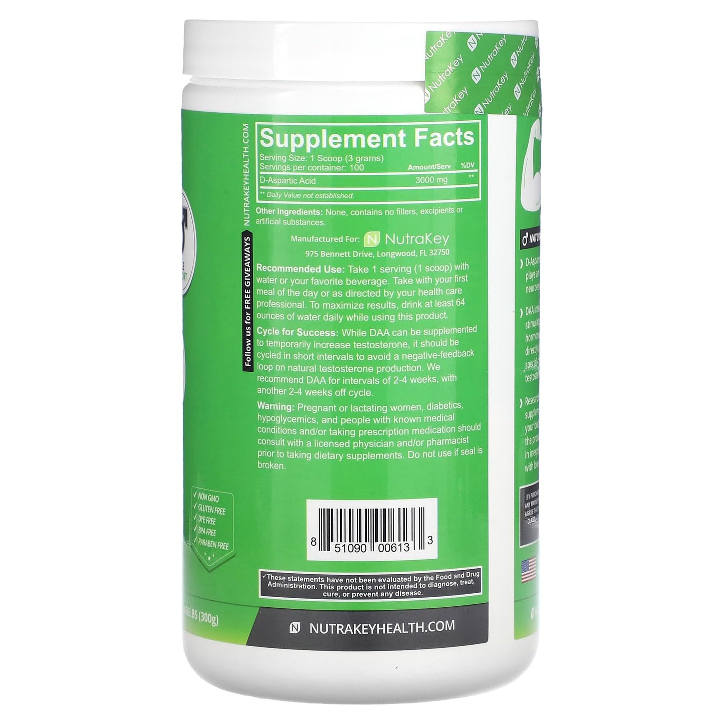 D-Aspartic Acid Powder by NutraKey (DAA) 300 Grams