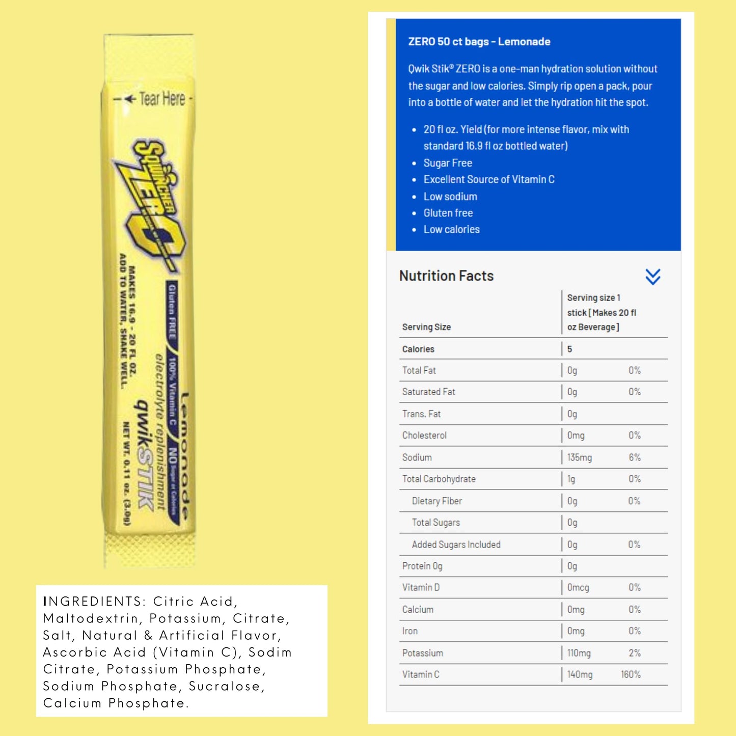 Sqwincher X428M2600 Qwik Stik Instant Powder Concentrate Stick Lemonade Electrolyte Drink 11 Ounce Pack of 50