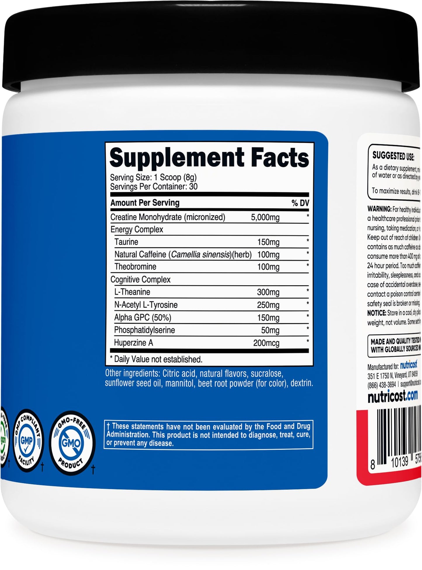 Nutricost Creatine + Energy 30 Servings (Fruit Punch Flavored) - 5,000mg Creatine Monohydrate + 350mg Energy Complex Per Serving