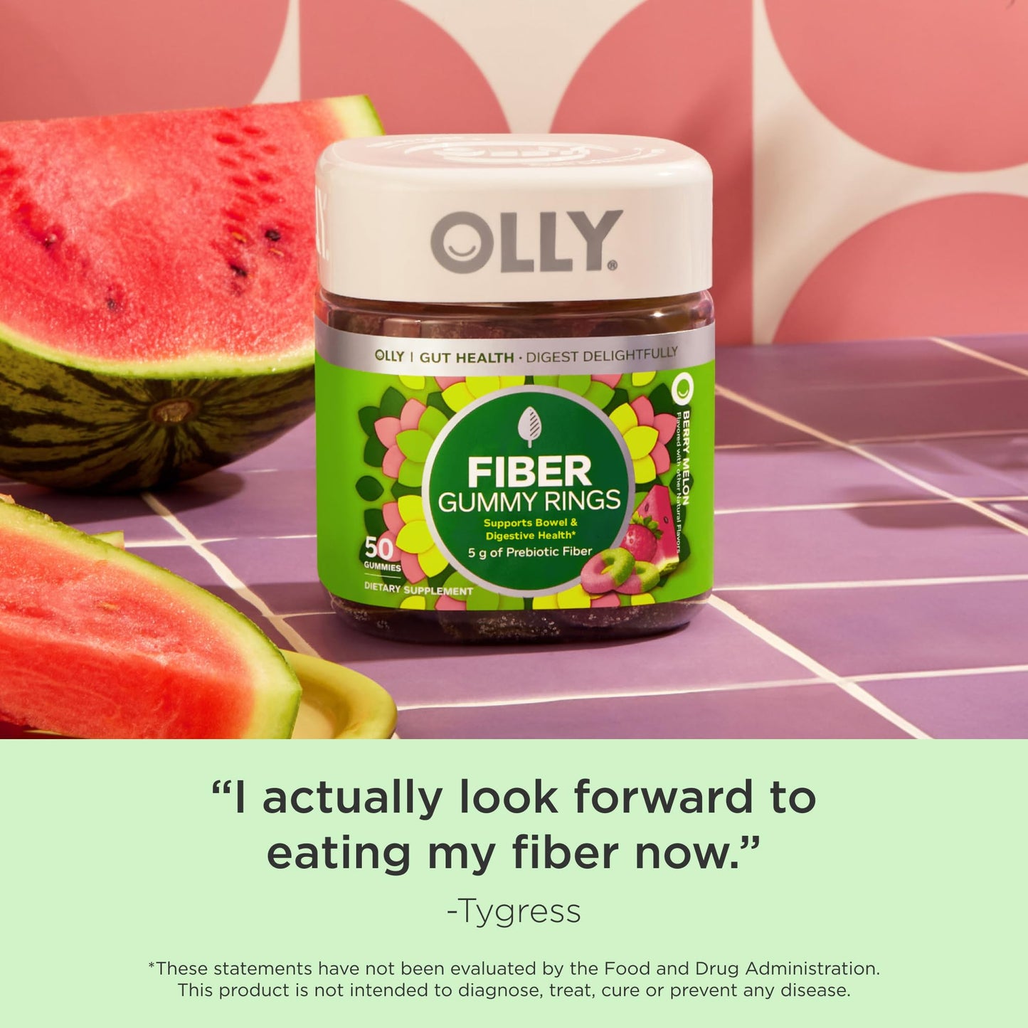 OLLY Fiber Gummy Rings, 5g Prebiotic Fiber, FOS (Fructo-oligosaccharides), Digestive Support, Berry Melon 50ct