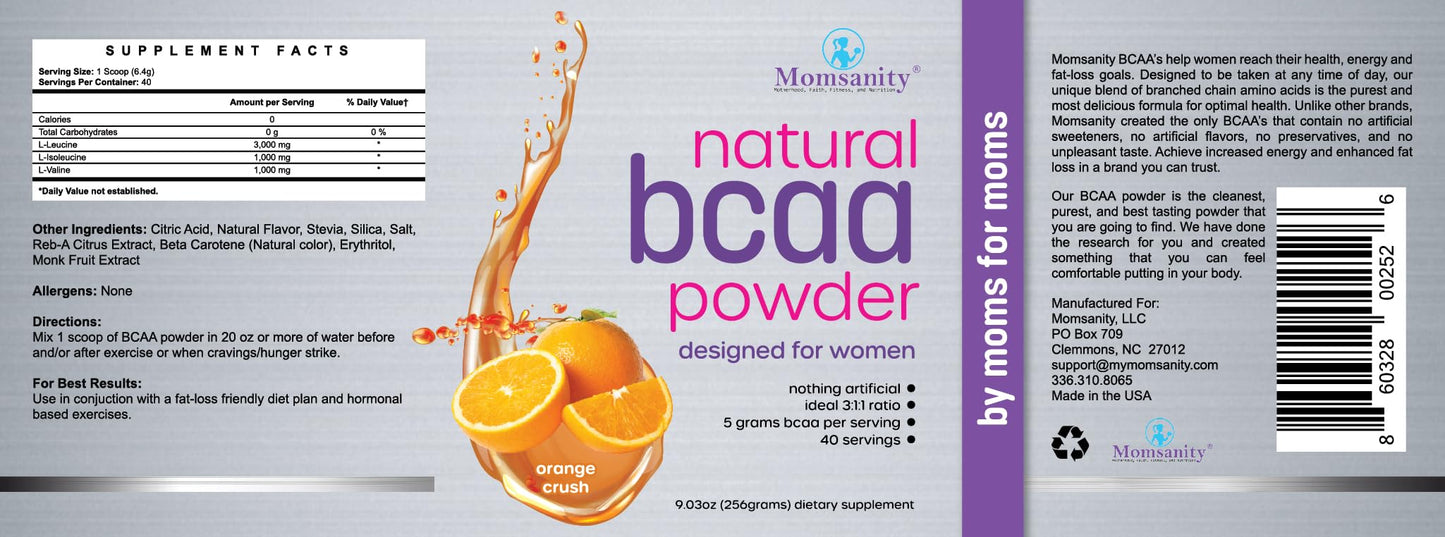 Momsanity BCAA Powder Preworkout for Women - Naturally Sweetened with Stevia, Erythritol, & Monk Fruit + Delicious Recipe Guide PDF | 3:1:1 Ratio of Amino Acids | 40 Servings (Orange Crush)
