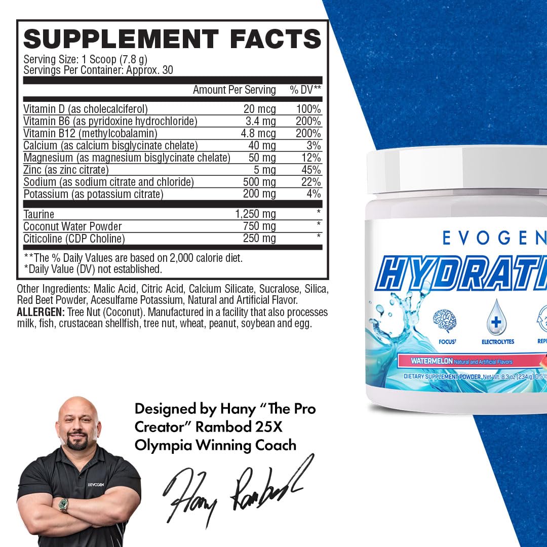 Evogen Hydration - Electrolytes Powder | Sugar-Free Electrolyte Powder Supplement for Hydration, Energy, and Recovery | Coconut Water, B Vitamins, Potassium | Watermelon | 30 Servings
