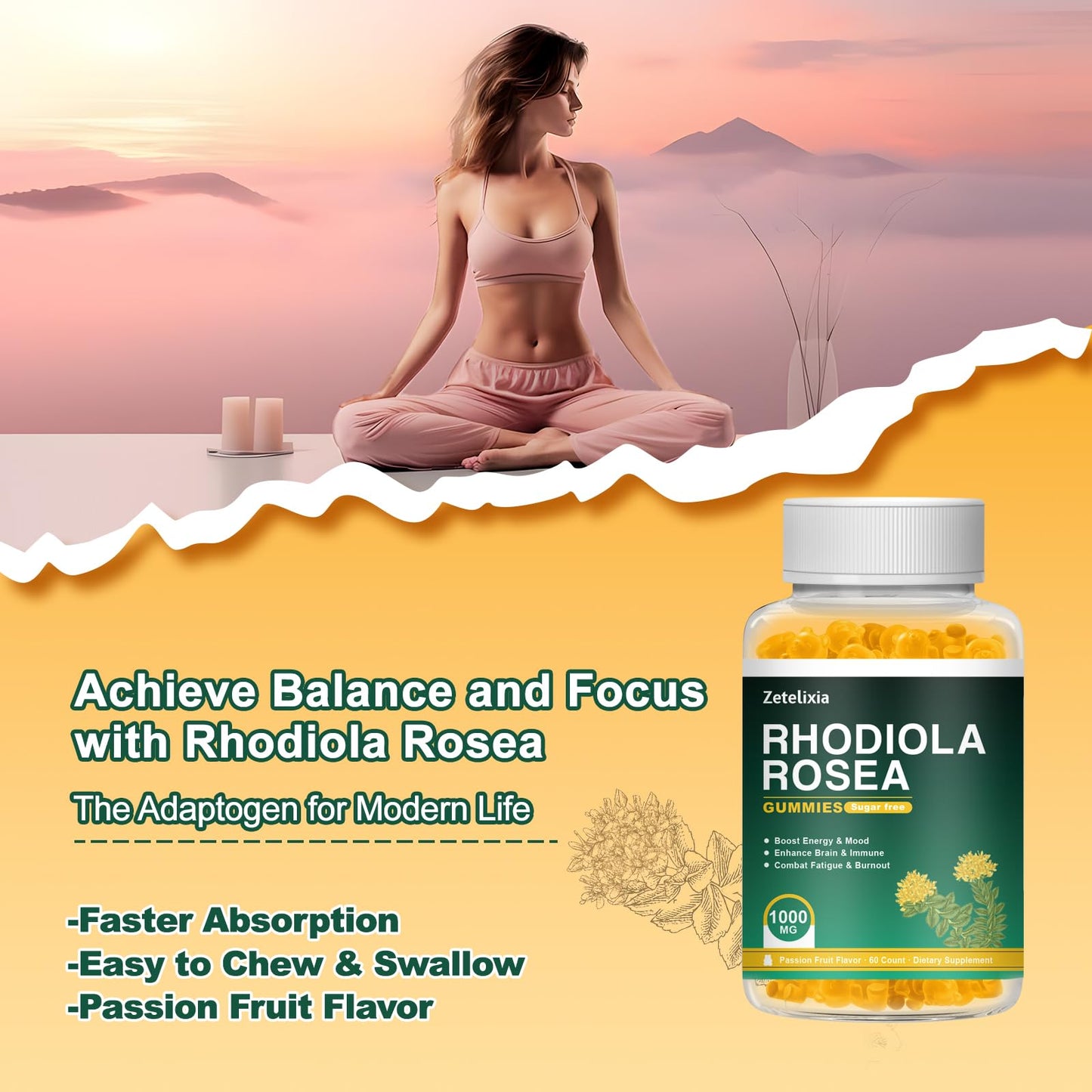 Zetelixia Organic Rhodiola Rosea Gummies 1000mg, Rhodiola Rosea Supplement for Women & Men, Sugar-Free, Non-GMO, Vegan, 120 Count