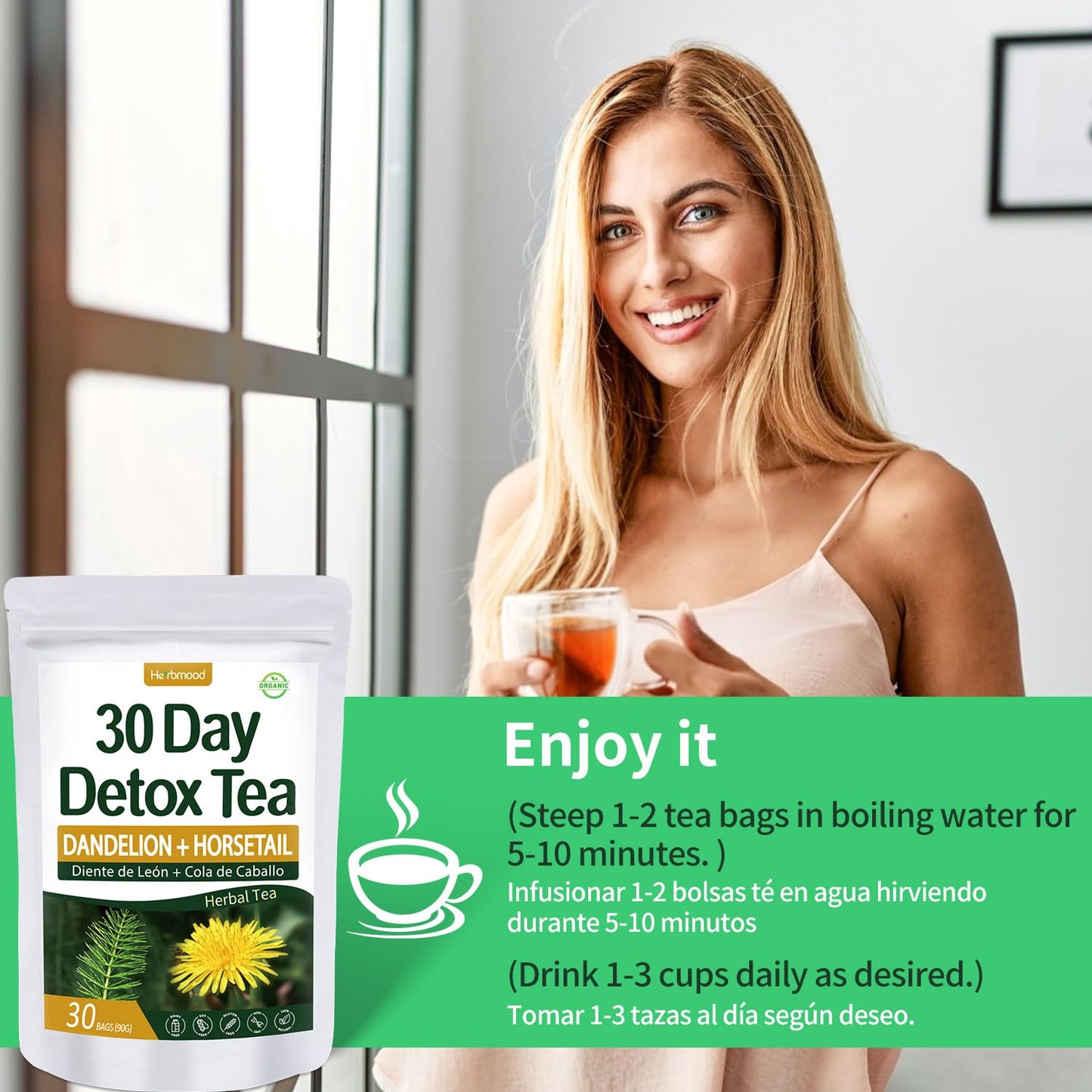 Te de Diente de Leon 30 Day Cleanse Dandelion Tea, Herbmood Natural Herbs Tea Bags para Perder Peso, 30Count (Pack of 2)