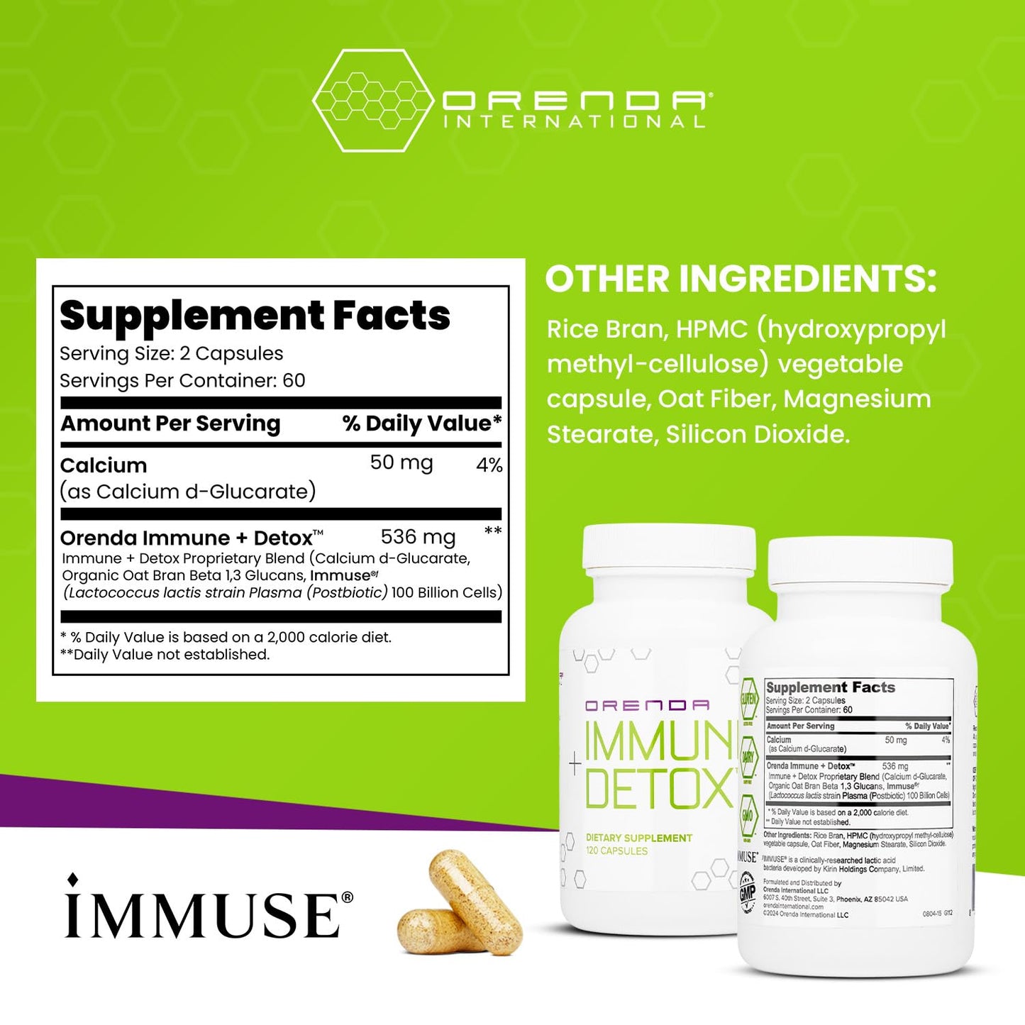Orenda Immune + Detox - Specialized Formula with Calcium d-Glucarate, Beta 1,3 Glucans & IMMUSE® for Wellness and Balance - 120 Capsules